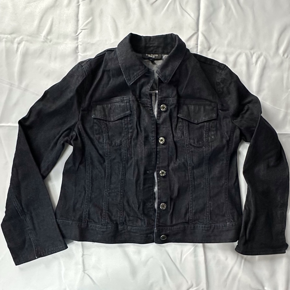 Talbots Dark Wash Navy Denim Jean Jacket Women’s‎ 14 Split Cuffs Button Closure
